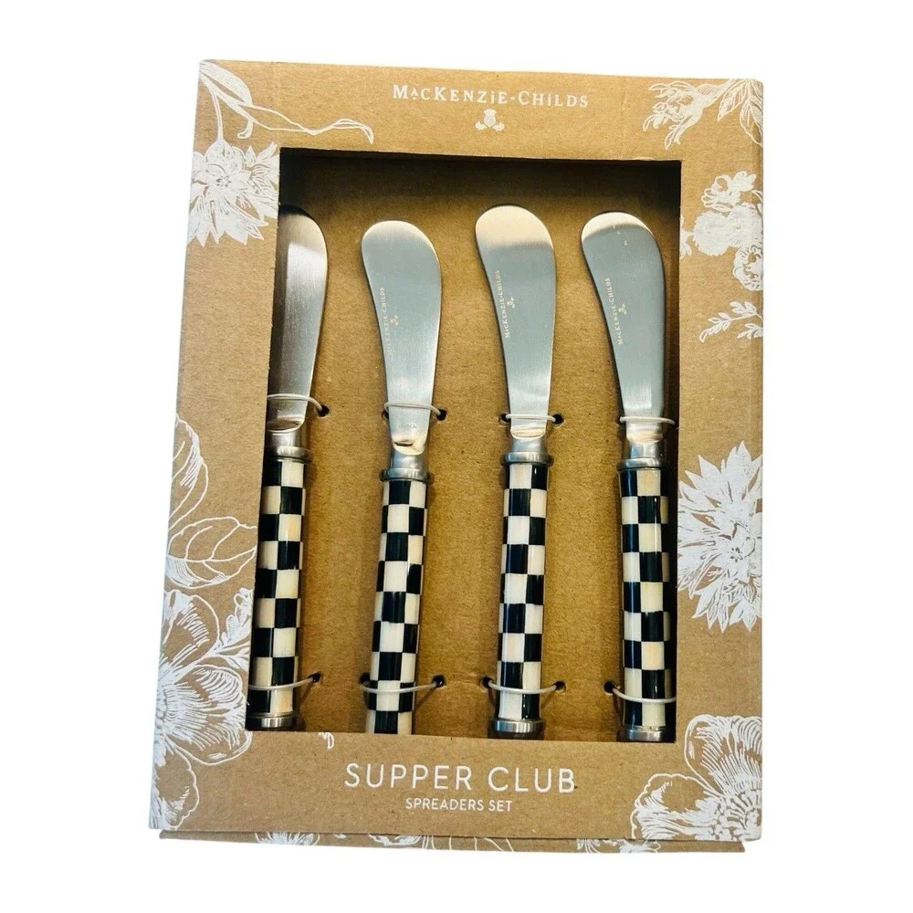 MacKenzie-Childs Supper Club Spreaders Set of 4 Courtly Check Enamel Handles NIB